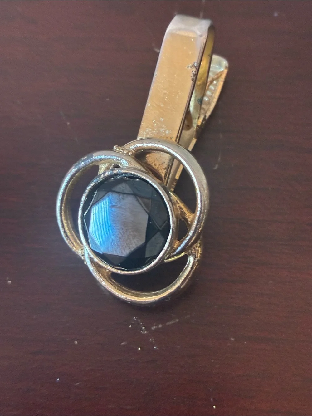 Vintage Emmons Gold Tone Tie Clip with Black Faceted Stone Mid Century